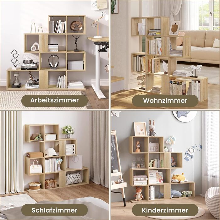Рівнева книжкова полиця, полиця-перегородка кімнати з 11 відкритими відділеннями, окремостояча полиця для сходів, полиця-ступінь, для вітальні, спальні, офісу, 115x109,5x19,5 см, світлий дуб, 4-