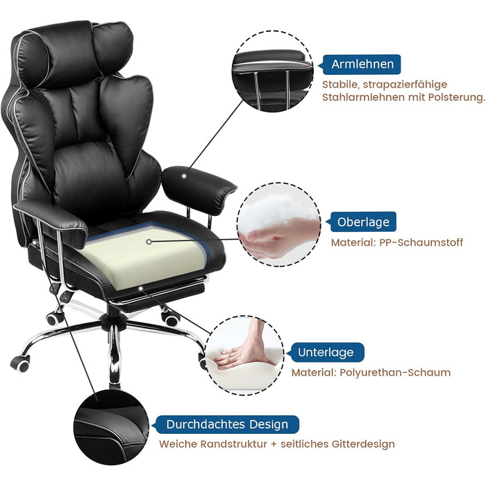 Ігрове крісло GTPLAYER, ергономічне офісне крісло з підставкою для ніг, тканинна оббивка, пружинна подушка сидіння, м&39яке ігрове крісло, ігрове крісло вантажопідйомністю 150 кг, чорна штучна шкіра