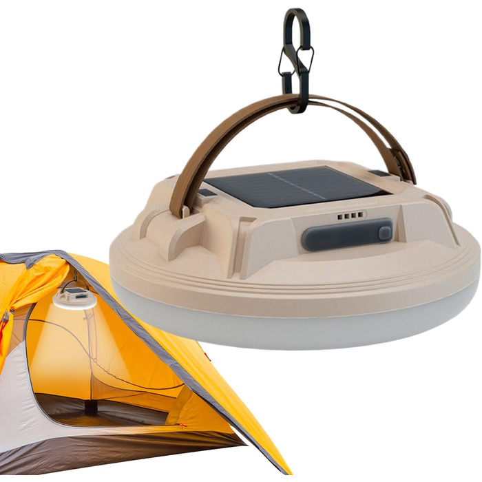 Сонячний вуличний ліхтарик компактний дизайн 15 x 5 см, захищений від атмосферних впливів акумуляторна батарея типу C ємністю 7200 мАг, регульований рівень яскравості, аварійна сигнальна лампа, бежевий