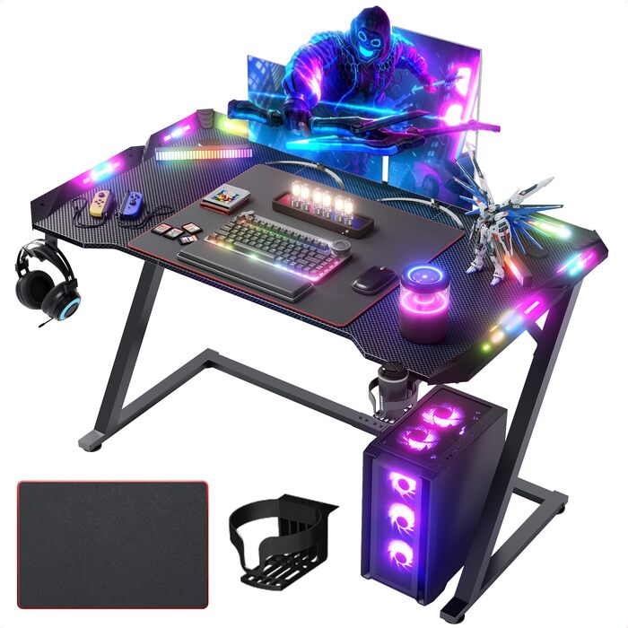 Ігровий стіл Claiks зі світлодіодним освітленням, 120 x 60 см, ігровий стіл Z-подібної форми, ергономічний ігровий ПК-стіл з підсклянником, гачок для навушників, міцний комп&39ютерний стіл, чорний