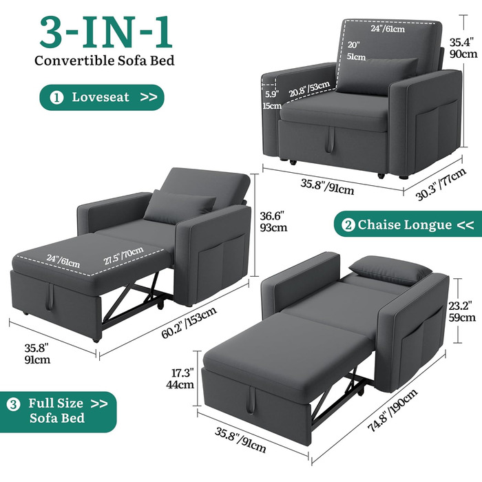 Крісло-ліжко з функцією сну 19288, розкладний диван-ліжко 3-в-1, регульоване одномісне крісло з подушкою та бічною кишенею, диван з функцією сну для вітальні-квартири, темно-сірий