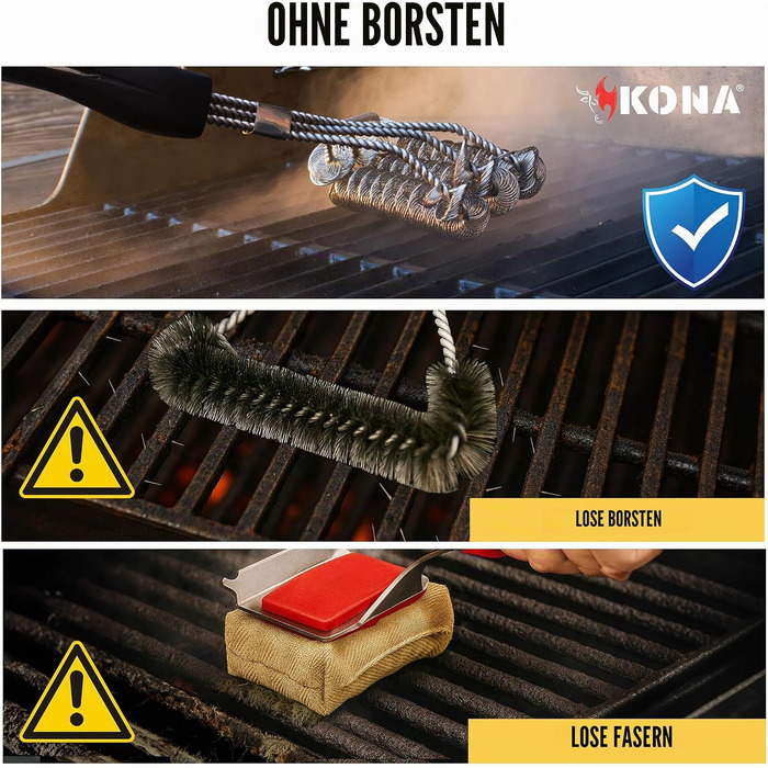Щітка для гриля Kona Safe/Clean, безщетинкова, зі 100 нержавіючої сталі, безпечна для порцеляни, кераміки, сталі та чавуну, чорна