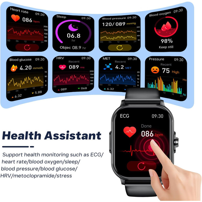 Чоловічий смарт-годинник з ЕКГВСР Кров&39яний тиск Розумний годинник для здоров&39я Водонепроникний фітнес-годинник Функція серцевого ритму 2.0-дюймовий TFT квадратний великий дисплей наручний годинник чорний