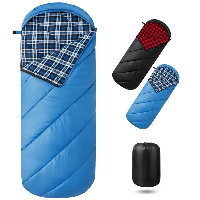 Спальний мішок Bessport 3-4 сезони - Фланелевий спальний мішок Зима, Тепла ковдра для активного відпочинку на свіжому повітрі, Невеликий розмір упаковки, Надлегкий, Водонепроникний для кемпінгу, подорожей, походів, для дорослих, Синій