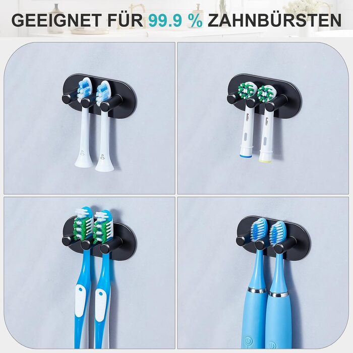 Тримач для зубної щітки Настінний без свердління Тримач для електричної зубної щітки, Тримач для головки щітки з нержавіючої сталі, Самоклеючий тримач для зубної щітки Тримач для головки для зубної щітки для зберігання у ванній кімнаті, чорний