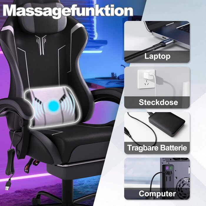 Ігрове крісло з масажем, підставкою для ніг та підголівником, ергономічне ігрове крісло з масажною поперековою подушкою, регульована спинка 90-135, м&39які підлокітники для геймерів - сірий, чорний та білий