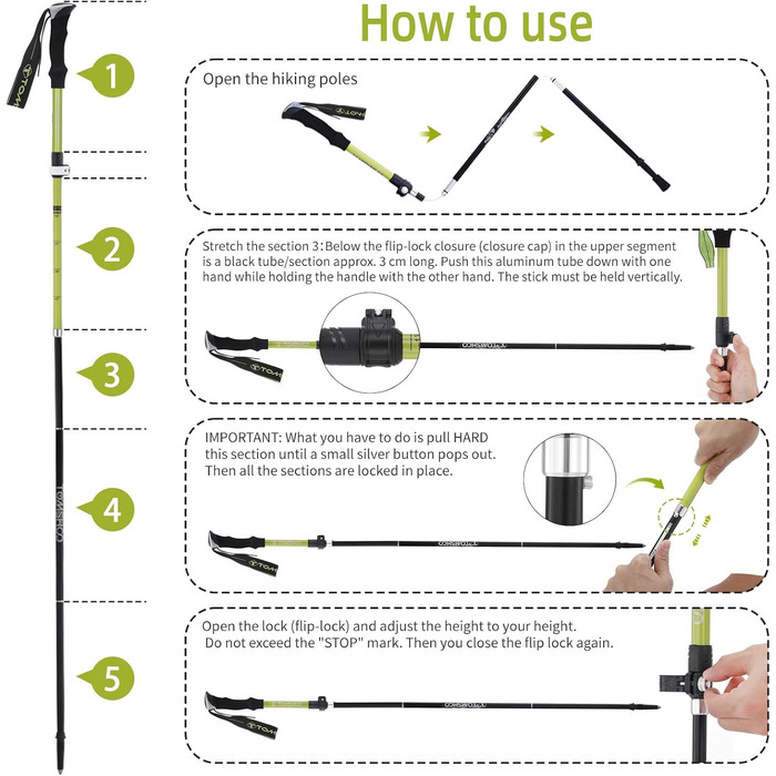 Туристичні палиці TOMSHOO, складні, надлегкі карбонові та алюмінієві, зелені, 1 пара