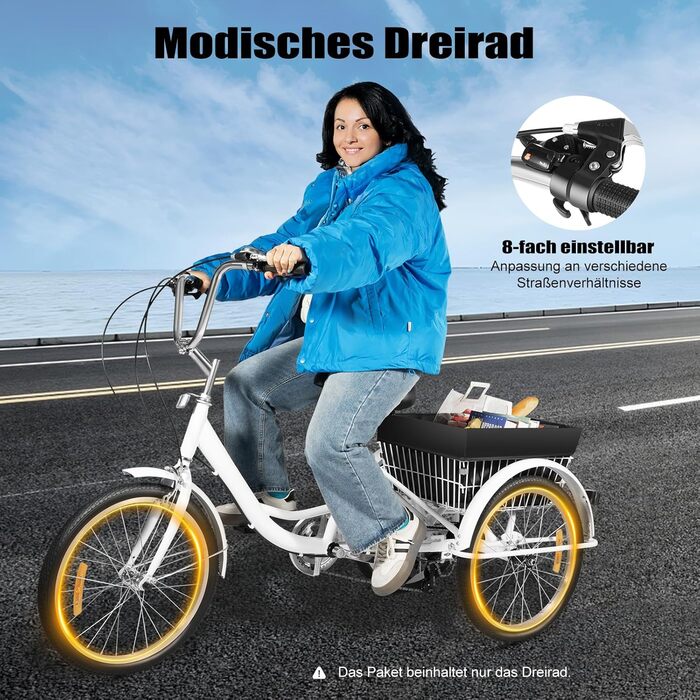 Триколісний велосипед для дорослих, 20-футовий триколісний велосипед для дорослих з кошиком для покупок, 8-швидкісний 3-колісний міський велосипед для всіх типів дорожніх покриттів