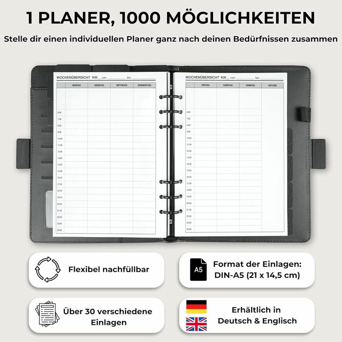 Папка-реєстратор KOMPASS A5 з кільцями, що замінюється, Стартовий набір, включаючи 309 вставок Папка-реєстратор успіху A5 Планувальник справ, щотижневий планувальник, планувальник зустрічей, календар, журнал Bullet, трекер звичок, чорний стартовий набір