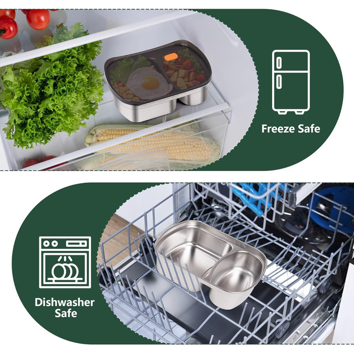 Набір ланчбоксів 2 шт. для дорослих та дітей, нержавіюча сталь 18/8, 1500 мл 1350 мл. Герметичні контейнери з відділеннями для обіду, сніданку та перекусу. Металевий ланчбокс у стилі бенто.