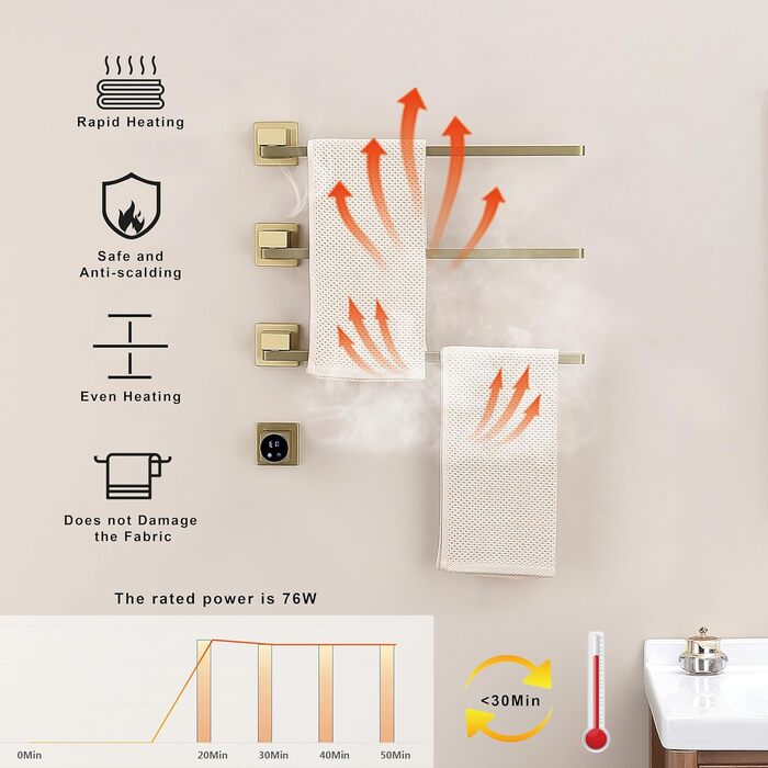 Радіатор для ванної кімнати електричний 180 поворотний радіатор для рушників Цифровий дисплей 45-60 C Радіатор для рушників Електрична сушарка для рушників WiFi Таймінг 1-24 год 66 Вт Рушникосушка Матоване золото