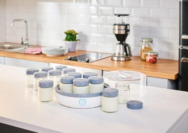 Йогуртниця SEVERIN, йогуртова машина з дисплеєм часу для приготування домашнього та веганського йогурту, містить 14 баночок для йогурту зі скляною кришкою, без BPA, JG 3520 з кнопкою