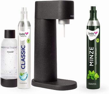 Економ-пакет Mysoda Woody - поновлюваний деревний композитний виробник газованої води з пластиковою пляшкою 1 л без BPA, класичний балон CO2 м'ятний балон CO2 (чорний)