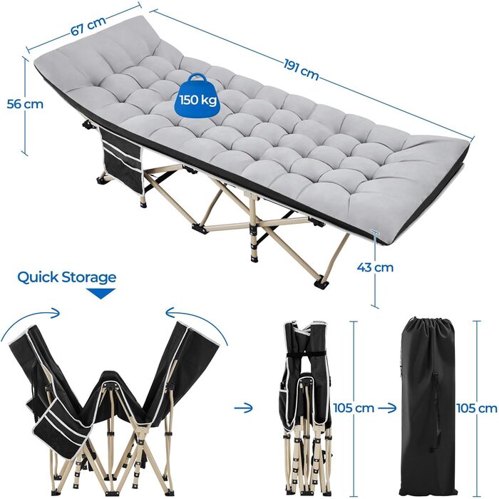Розкладне кемпінгове ліжко Yaheetech з матрацом, гостьове ліжко з сумкою для перенесення та бічною кишенею, 191 x 67 см, садовий шезлонг, вантажопідйомність до 150 кг, сірий матрац чорний каркас ліжка