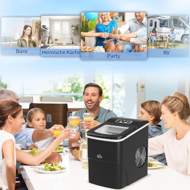Машина для приготування кубиків льоду HOMCOM, льодогенератор 9 кубиків льоду за 8 хвилин, 12 кг/24 години, льодогенератор з резервуаром для води 2 л, функція самоочищення, LED-дисплей, для кухні, офісу, бару, вечірки, чорний