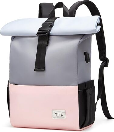 Водонепроникний рюкзак YTL Rolltop для жінок та чоловіків, з відділенням для ноутбука 17 дюймів, великий елегантний рюкзак для велоспорту, подорожей, сумка для школи, поясна сумка Uni, рожево-сірий колір