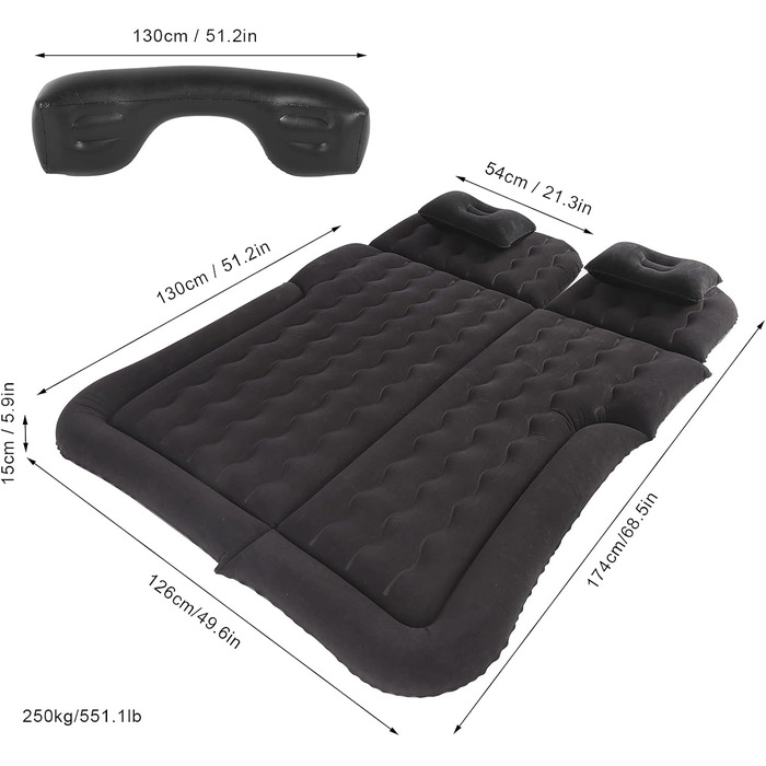 Надувний матрац для кемпінгу, надувний потовщений автомобільний надувний матрац з насосом 12 В, флокована поверхня автомобільного надувного матраца з флокованою ПВХ спинкою для подорожей (чорний)