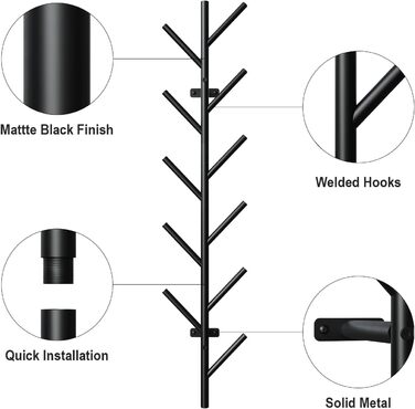 Настінна вішалка LOFTPLUS Black - 100см металева вішалка з 11 гачками, вішалка для курток, пальто, шапок, шарфів і сумок 100см чор