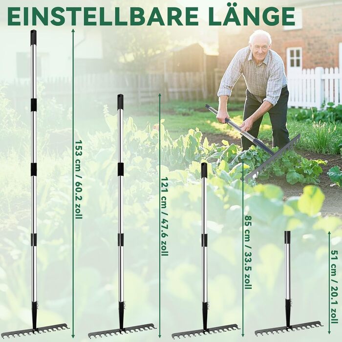 Гартований садовий грабель з ручкою, металевий грабель з 14 зубцями для розпушування ґрунту та вирівнювання газону, садовий інструмент, міцний грабель для листя з нержавіючою ручкою