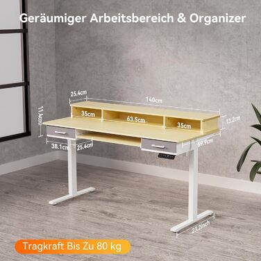 Електричний стіл з регульованою висотою та підставкою для клавіатури, 140x60 см, з 2 шухлядами, комп&39ютерний стіл з підставкою для монітора для домашнього офісу, дуб, 140 x 60 см з підставкою для клавіатури