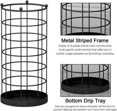 Загальна підставка для парасольки, круглий залізний тримач для парасольки, окремо стоячий органайзер для зберігання з 4 гачками, для дому та офісу, міцний, міцний/чорний