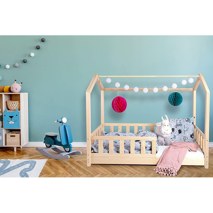 Дитяче ліжко, ліжко-будиночок 70x140 із захистом від падіння, рейкова основа, каркас ліжка з сосни для дітей, хлопчиків та дівчаток - дерев&39яне ліжко, немовля, дитяча кімната, хлопчик, декор (захист від падіння З)
