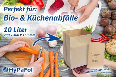 Паперові сміттєві пакети Hypafol Bio, 300 шт. Біорозкладні коричневі пакети для органічних відходів для компостування, органічних відходів та інших відходів Без пластику 1-шарові, місткість 10 л 200x160x360 мм