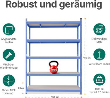 Міцний стелаж 180 x 150 x 60 см, вантажопідйомність 1000 кг, стелаж для зберігання, підвищена міцність сталі, металевий стелаж, стійкий до цвілі, стелаж для підвалу, стелаж без болтів, стелаж для майстерні (150 см з інструментами)