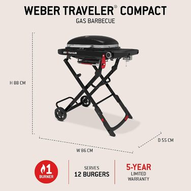 Компактний газовий гриль Weber Traveler з розкладним підставкою та колесами, модель 2026 року