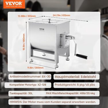 Ручний змішувач для м'яса VEVOR на 30 л, обробник м'яса (макс. 20,4 кг), ковбасний міксер із нержавіючої сталі з редуктором, ручний міксер для фаршу 30 л