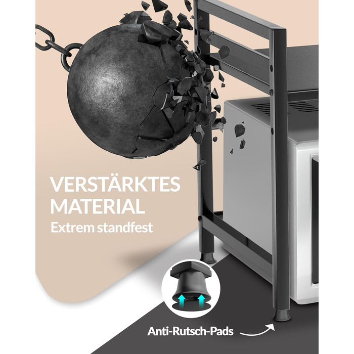 Полиця для мікрохвильової печі, кухонна полиця, стояча, сталь (2-рівнева) Полиця для мікрохвильової печі, шафа для мікрохвильової печі Полиця для зберігання, полиця для пекарні, регульовані по висоті та довжині полиці відеоінструкції, гачки - Чорний, 2-рі