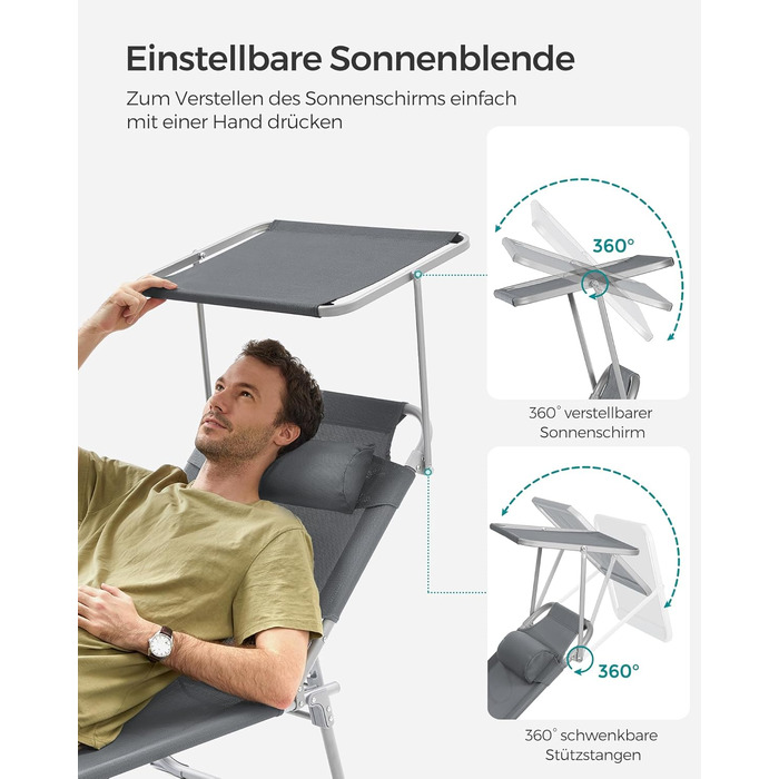 Шезлонг SONGMICS, розкладний крісло-реклайнер, 193 x 53 x 29 см, витримує до 150 кг, сонцезахисний козирок, підголівник, регульована спинка, для саду, басейну, патіо, темно-сірий GCB19UV1 темно-сіра подушка не входить до комплекту