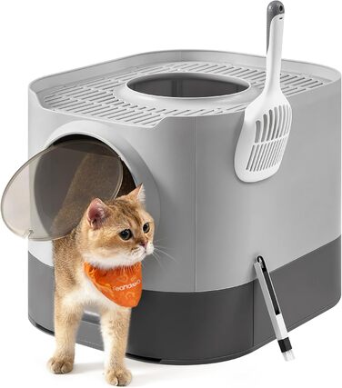 Котячий туалет Feandrea XXL з кришкою, висувним лотком, совком та щіткою для котів різних розмірів, менше слідів, голубино-сірий PPT002B01