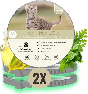 Нашийник від кліщів Animalea для котів (2 шт.) - Довжина 38 см - Ефективний захист від кліщів та бліх - Водонепроникний та сяючий, захист від кліщів до 8 місяців зі 100 натуральними інгредієнтами