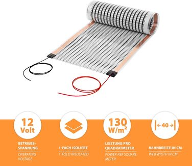 М Mi-Heat Карбонова нагрівальна плівка 12V AC/DC шириною 40 см 130 Вт/м - Підігрів підлоги для караванів, контроль температури акумуляторів, обігрів тераріумів, інкубаторів, теплиць 2,5 метра, 2,5