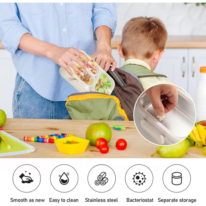 Металева ланч-бокс з двома відділеннями, 1000 мл. Дитячий бенто-бокс з нержавіючої сталі 304, портативний, герметичний контейнер для перекусу з роздільниками, для школи, офісу та подорожей. Розміри 22166,5 см.