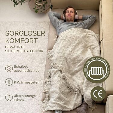 Ковдра з підігрівом Groenland BOHEM 180 x 130 см Затишна ковдра з підігрівом, 9 режимами нагріву та таймером автоматичного вимкнення до 9 годин Електрична ковдра з підігрівом та автоматичним вимиканням Ковдра з підігрівом, можна прати в пральній машині, к