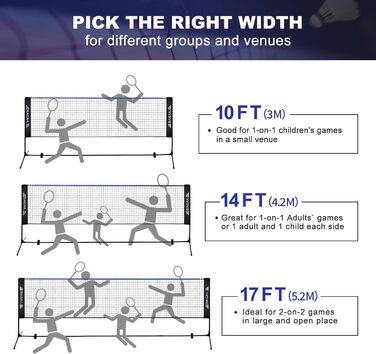 Сітка для бадмінтону BAGAIL, складна нейлонова сітка, регульована по висоті підставка та сумка для перенесення, легко встановлюється та знімається, ідеальна спортивна сітка для тенісу, бадмінтону або волейболу, 3M синій/чорний