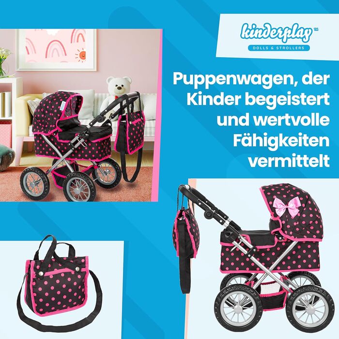 Коляска для ляльок Kinderplay від 2 років, лялькова коляска - легка і стійка конструкція, регулюється по висоті від 33 до 63 см, K
