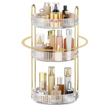 Органайзер для косметики MOKANI, обертовий на 360 органайзер для макіяжу, 3 рівні, багатофункціональна система зберігання косметики та догляду за шкірою для туалетного столика, ванної кімнати, спальні, прозорий