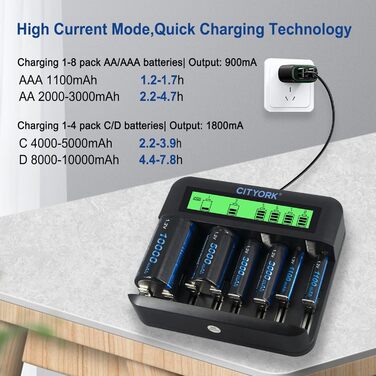 Акумуляторні батареї CITYORK C Cell 5000mAh з 8 слотами для зарядного пристрою Ni-MH акумуляторів AA AAA CD (зарядний пристрій та 6 батарейок Baby C)