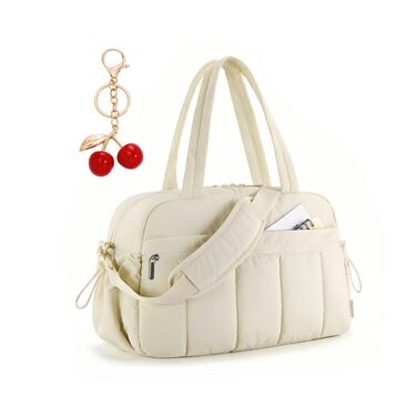 Жіноча спортивна сумка велика фітнес-сумка з вишневим кулоном (подарункова), водонепроникна дорожня сумка для тренажерного залу, плавання, подорожей, бежева