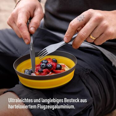 Набір столових приборів Frontier Ultralight - 1 особа, 3 предмети - Кемпінгова виделка, ложка та ніж карабін - Легкий - Кемпінговий посуд з твердого анодованого алюмінію - Гладке та матове покриття - 26 г виделка, ложка та ніж