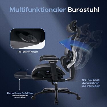 Ергономічне офісне крісло COLAMY з підставкою для ніг крісло керівника з високою спинкою, регульованим підголівником та 3D-підлокітниками дихаюча сітка, динамічна поперекова підтримка, регулювання висоти чорний колір