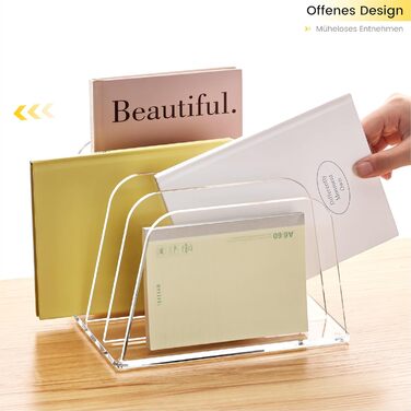 Акриловий тримач для листів та органайзер для столу SANRUI (4 відділення) - вертикальний лоток для листів для пошти, блокнотів A5 та планшетів Прозорий органайзер для тіней для повік та сортувальник (прозорий)