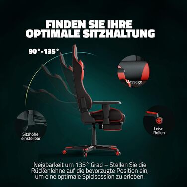 Ергономічне офісне крісло Game Hero - Ігрове крісло з подушкою для стегон та підголівником - Геймерське крісло з підставкою для ніг - Шкіряне крісло для роботи, Ігрове крісло до 125 кг - Winner X1 (червоне)