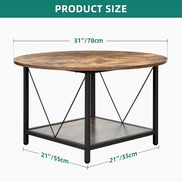 Круглий журнальний столик YITAHOME, 80x80x46 см, сільський дерев&39яний стіл для вітальні з полицею, сучасний журнальний столик у фермерському стилі з міцними металевими ніжками, коричневі меблі для дому
