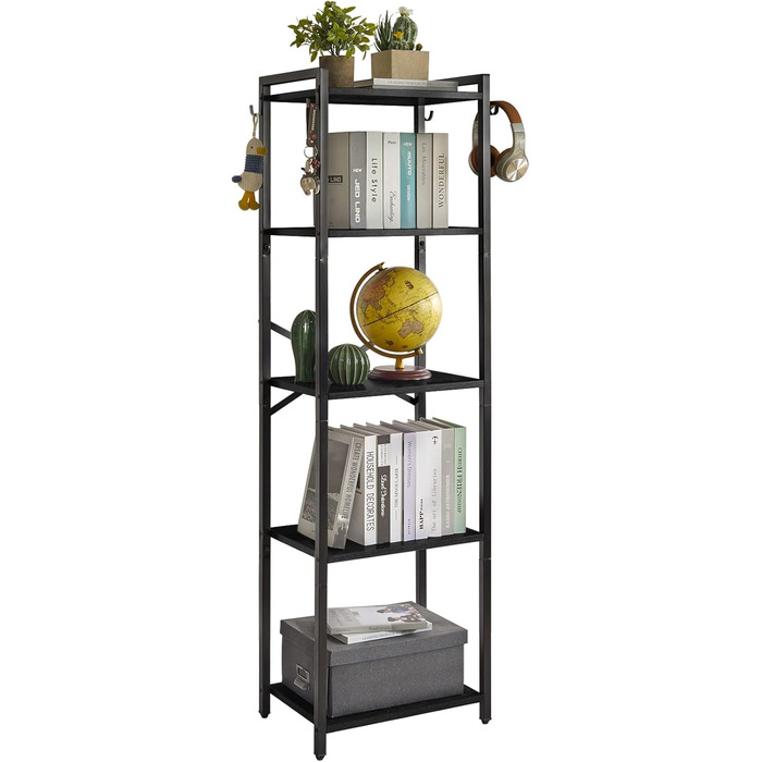Книжкова полиця YMYNY, 5-рівнева полиця для зберігання, полиця для рослин, стійка для зберігання зі сталевим каркасом, для вітальні, офісу, кабінету, коридору, індустріальний стиль, чорна HBC005B 147 см чорного кольору