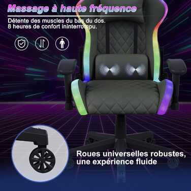 Геймерське крісло, ергономічне офісне крісло з RGB LED-підсвічуванням, масаж поперекового відділу сидіння, регульоване, підголівник, поперекова підтримка, висока спинка, кут нахилу 135, чорний колір