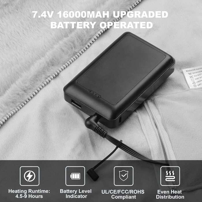 Бездротова ковдра з підігрівом 160x90 см з акумулятором 16000 мАг, фланелева електрична ковдра з підігрівом та 6-зонним обігрівом, 3 налаштування температури, ковдра з підігрівом, яку можна прати, для дивана, офісу, автомобіля, кемпінгу (сіра)